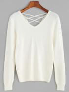 Romwe Beige Double V Neck Crisscross Back Sweater