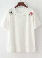 Romwe Mickey And Minnie Embroidered White T-shirt