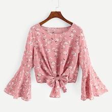 Romwe Floral Print Knot Hem Blouse