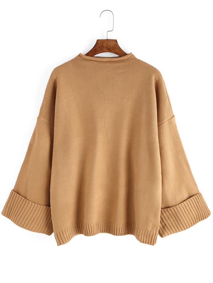 Romwe Mock Neck Dropped Shoulder Seam Khaki Sweater