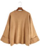 Romwe Mock Neck Dropped Shoulder Seam Khaki Sweater