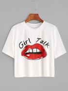 Romwe White Red Lip Print Crop T-shirt
