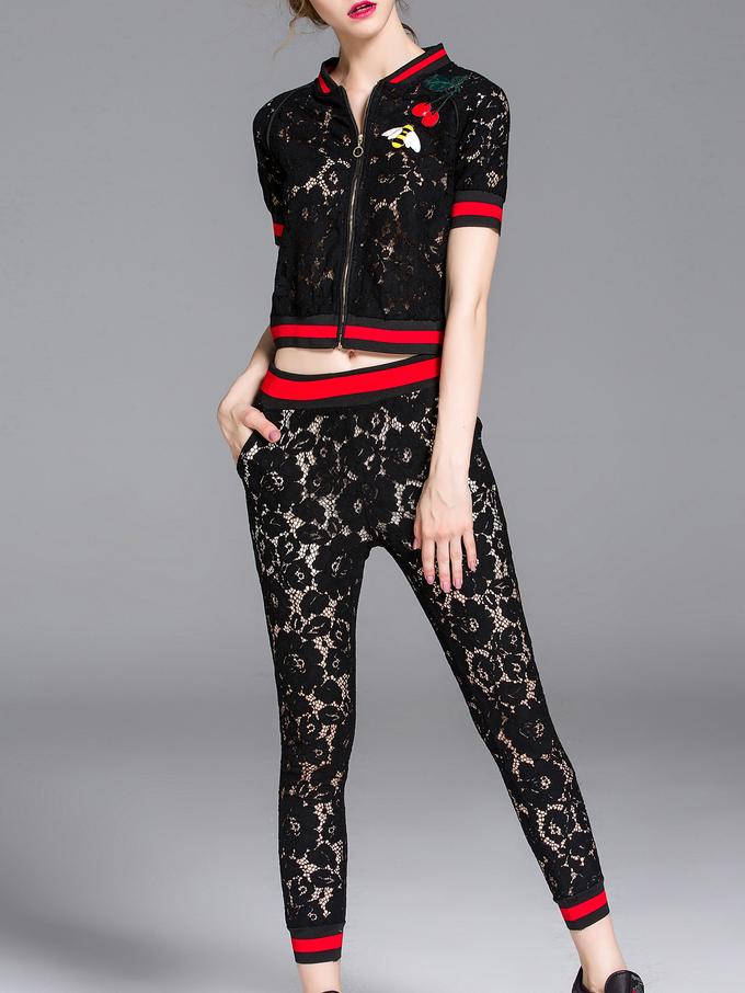 Romwe Black Zipper Lace Top With Pockets Pants