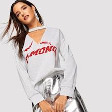 Romwe V Cut Choker Letter Print Sweatshirt