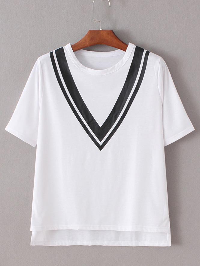 Romwe White V Printed Dipped Hem Split Side T-shirt