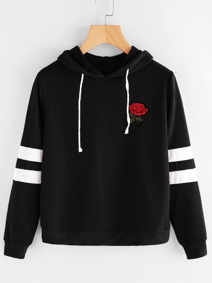 Romwe Rose Patch Stripe Sleeve Hoodie