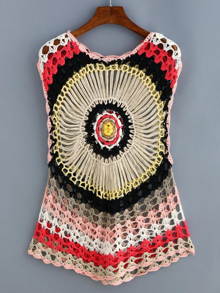 Romwe Hollow Out Flower Crochet Cover-up Top - Striped