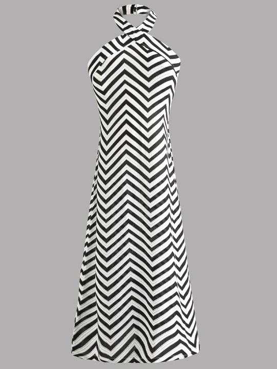 Romwe Black White Wave Textured Backless Halter Maxi Dress