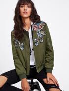 Romwe Symmetrical Embroidery Patch Zipper Detail Bomber Jacket