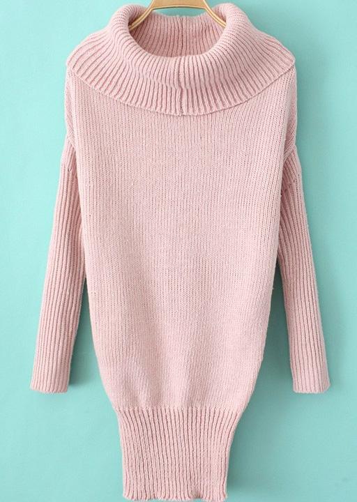 Romwe High Neck Batwing Knit Pink Sweater Dress