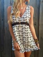 Romwe Coco Tree Print Corchet Panel Cutout Romper