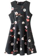 Romwe Black High Waist Floral Skater Dress