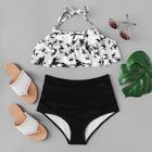 Romwe Ruched Tropical Flounce Bikini Set