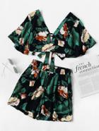 Romwe Plunging V-neckline Printed Random Knot Crop Top With Shorts