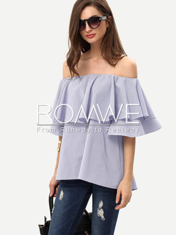 Romwe Royal Blue Ruffle Off The Shoulder Blouse