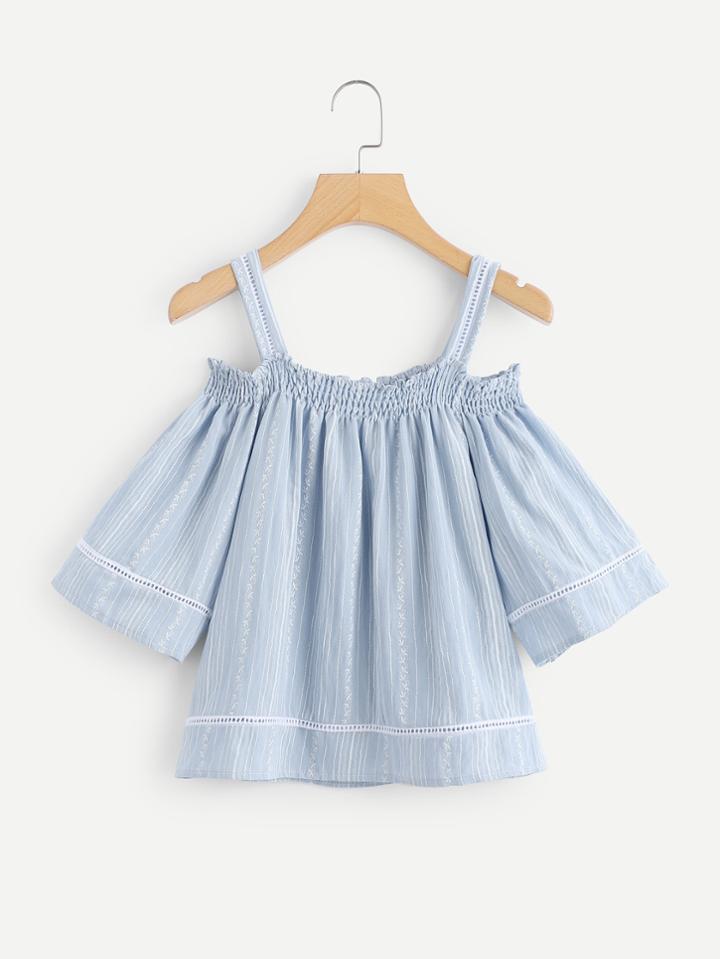 Romwe Open Shoulder Striped Pleated Top