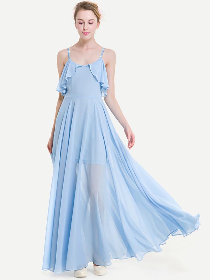 Romwe Crisscross Back Frill Trim Chiffon Dress