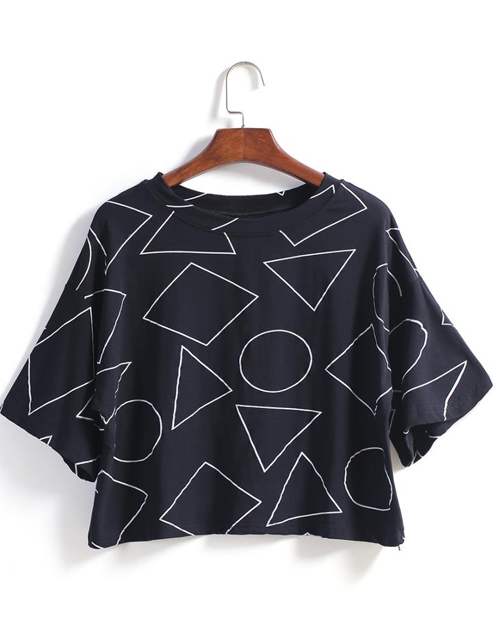 Romwe Geometric Print Crop Loose T-shirt
