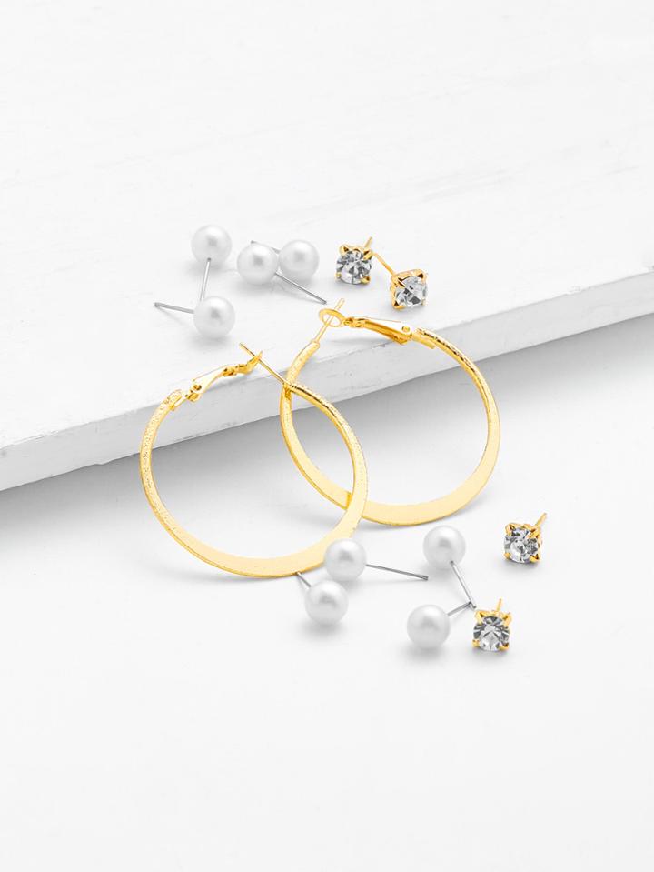 Romwe Rhinestone & Faux Pearl Design Earring Set