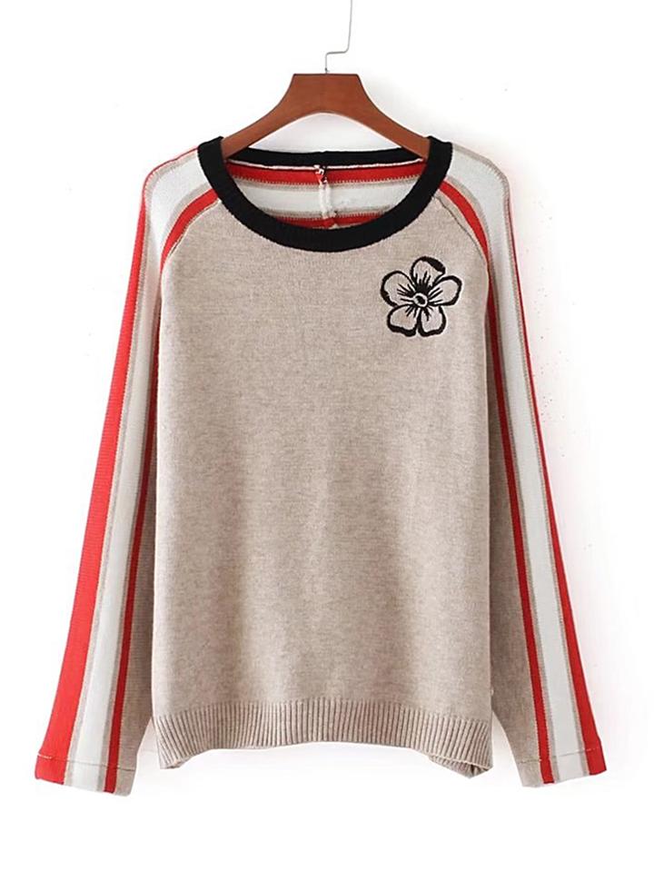 Romwe Flower Embroidered Striped Sleeve Sweater