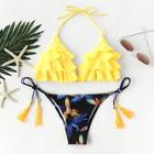 Romwe Tiered Layer Top With Side Tassel Tie Bikini Set