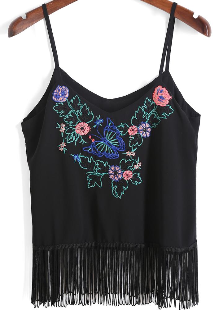 Romwe Spaghetti Strap Embroidered Tassel Cami Top