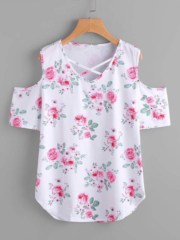 Romwe Allover Florals Open Shoulder Crisscross Curved Hem Tee