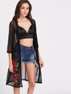 Romwe Floral Embroidered Sheer Mesh Longline Cardigan