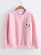 Romwe Cat Print Pocket Ribbed Trim Sweatshirt
