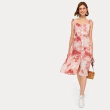 Romwe Tie Dye Button Through Shirred Cami Dress