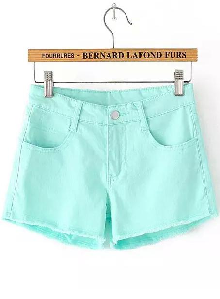 Romwe Fringe With Pockets Slim Green Shorts