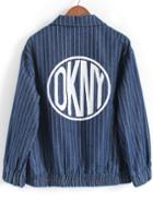 Romwe Lapel Vertical Striped Letter Print Denim Jacket