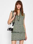 Romwe Pearl Embellished Frayed Hem Tweed Top And Skirt Set