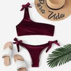 Romwe Knot One Shoulder Velvet Top With Self Tie Side Bikini