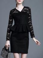 Romwe Black V Neck Contrast Lace Peplum Sheath Dress