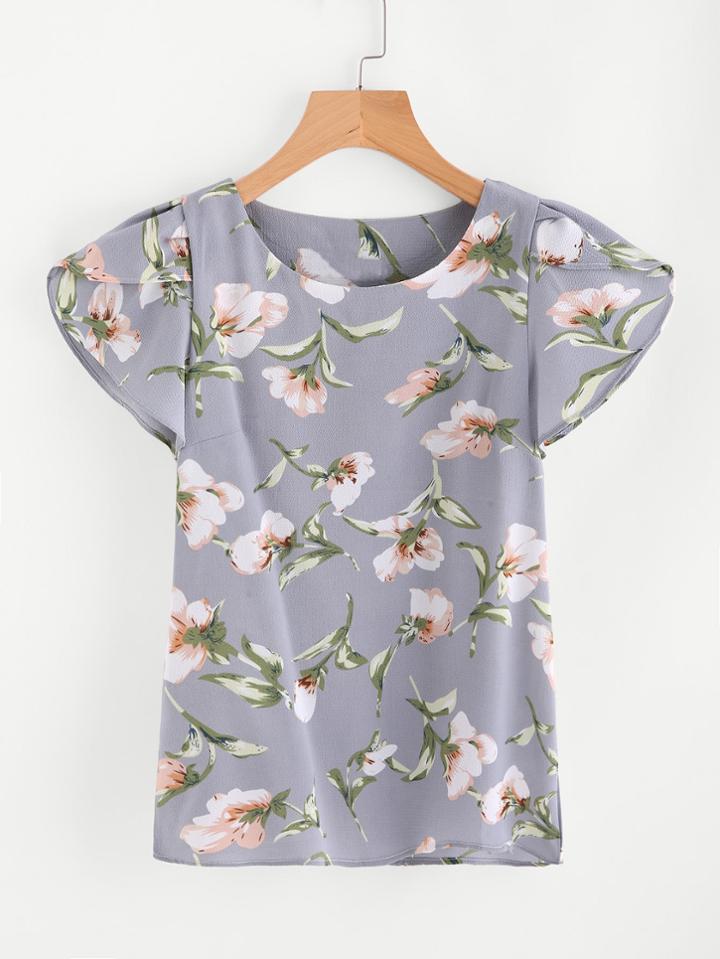 Romwe Floral Print Random Cap Sleeve Top