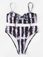 Romwe Bow Tie Striped Bikini Set