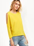 Romwe Yellow Open Shoulder Long Sleeve T-shirt