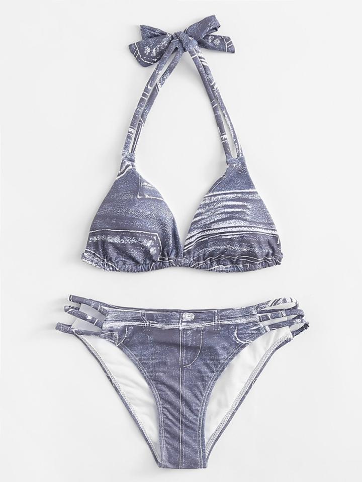 Romwe Denim Print Bikini Set