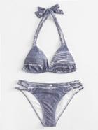 Romwe Denim Print Bikini Set