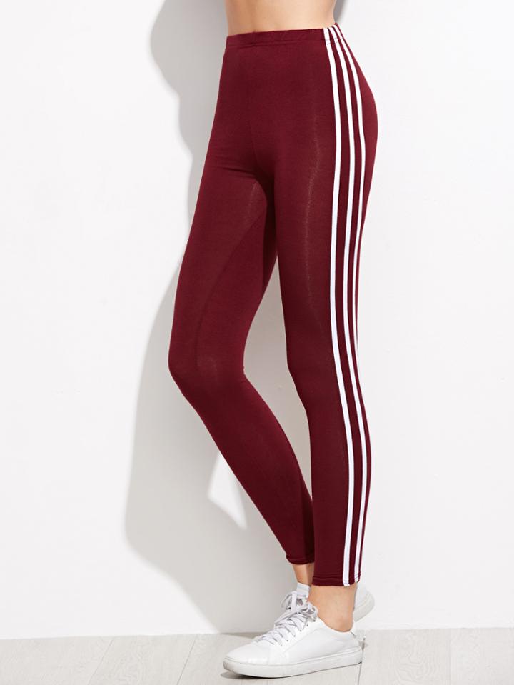 Romwe Burgundy Contrast Vertical Striped Side Leggings