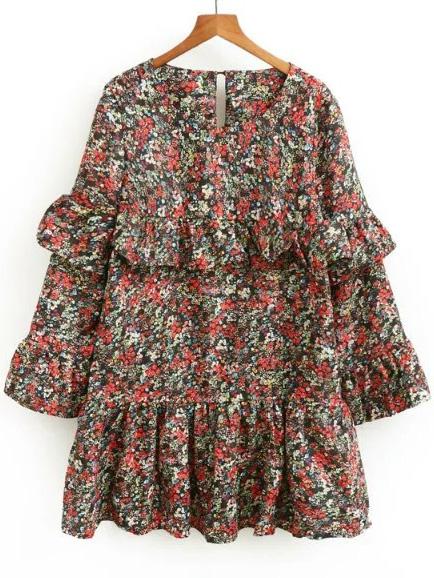 Romwe Multicolor Printed Ruffle Detail Dress