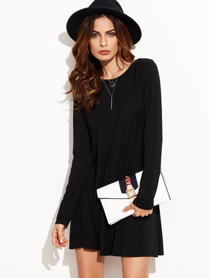 Romwe Black Long Sleeve Swing Dress