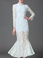 Romwe Blue Collar Long Sleeve Fishtail Lace Dress