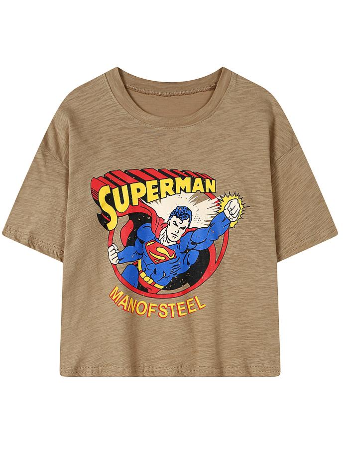 Romwe Superman Print Khaki T-shirt