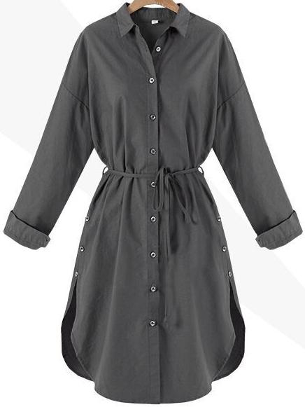 Romwe Split Side Shirt Dress With Drawstring