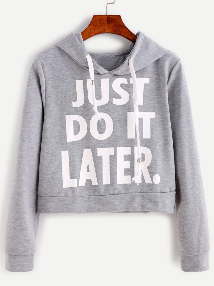 Romwe Grey Letter Print Hooded Crop Sweatshirt