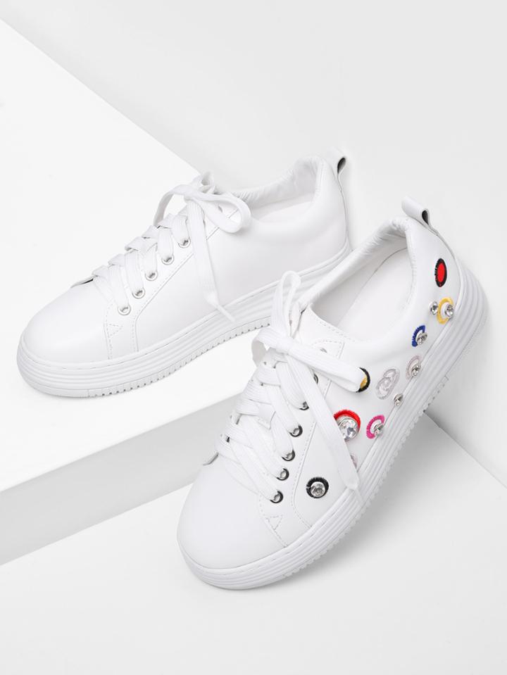 Romwe Embroidery Detail Pu Sneakers With Rhinestone