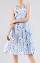 Romwe With Bow Flower Print Organza Flare Blue Dress