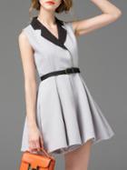 Romwe Grey V Neck Belted A-line Dress